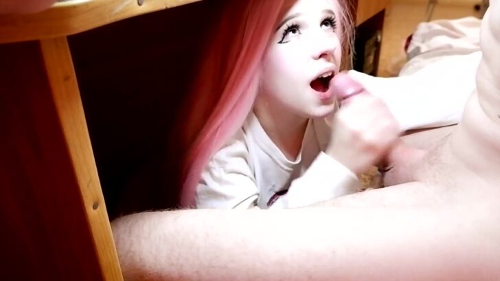 Cute Pink Haired Gamer Teen Gives Blowjob Under Desk